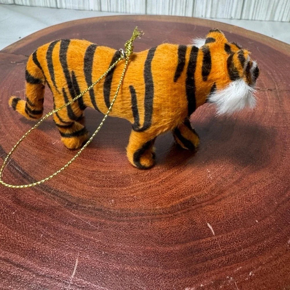 Vintage Tiger Christmas Ornament Fuzzy Faux Fur Striped Big Cat Safari Decor